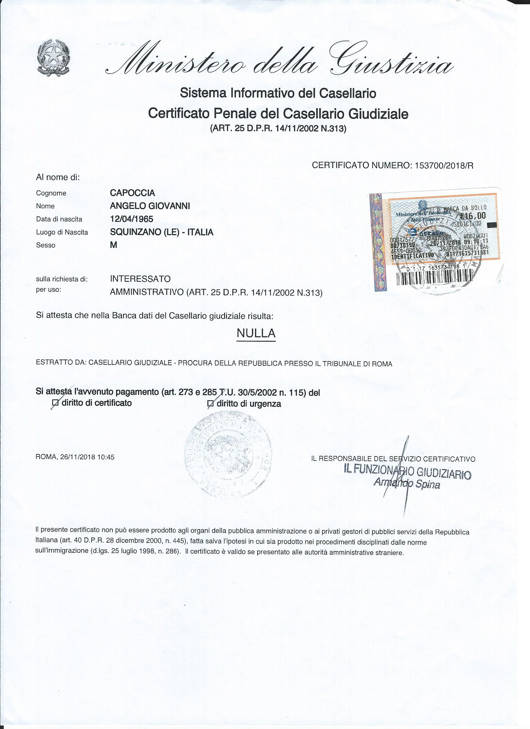 angelo capoccia certificato penale